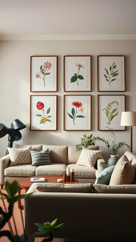 A cozy living room featuring framed botanical prints on the wall, with neutral sofas and decorative cushions.