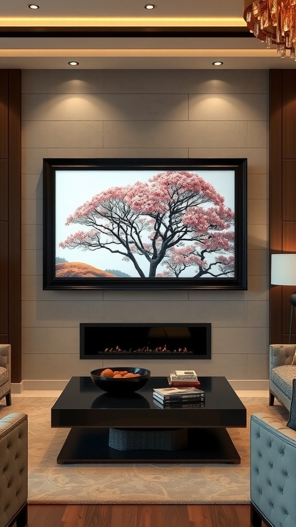 A stylish living room featuring a mounted TV and framed artworks on either side, creating a modern luxurious feel.