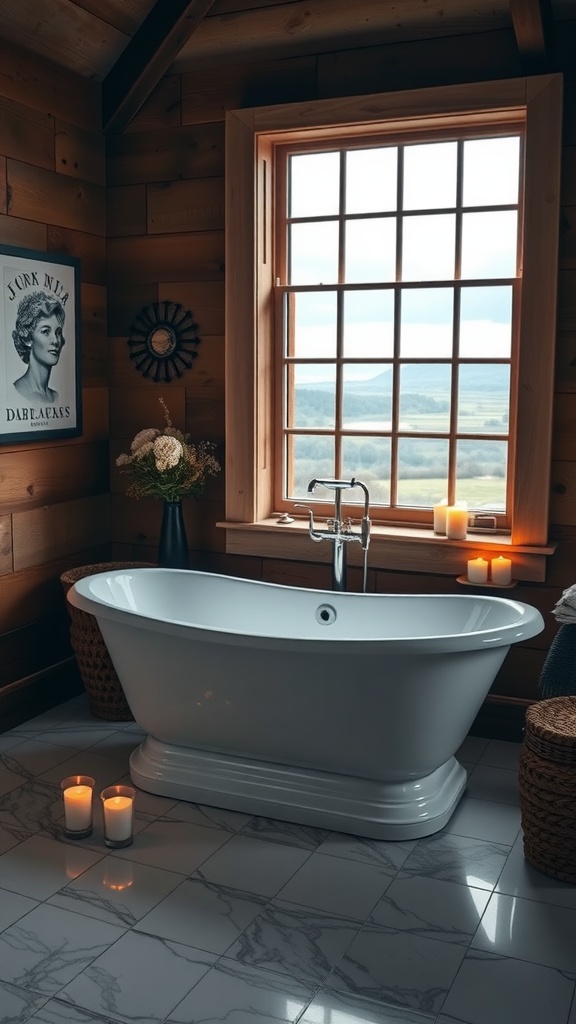 A bright and cozy farmhouse bathroom featuring a freestanding bathtub, wooden walls, large window, and decorative candles.