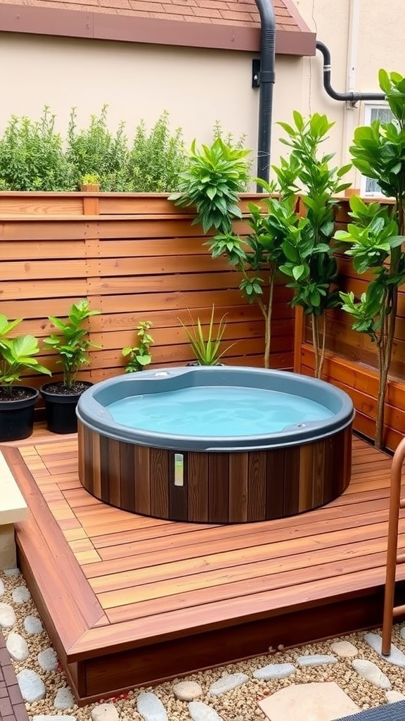 Freestanding hot tub surrounded by a wooden deck and potted plants in a small backyard