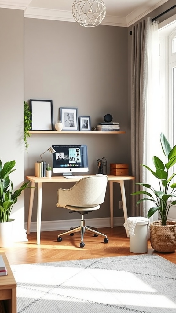 A freestanding room divider desk with a computer, surrounded by plants in a cozy living room setting.