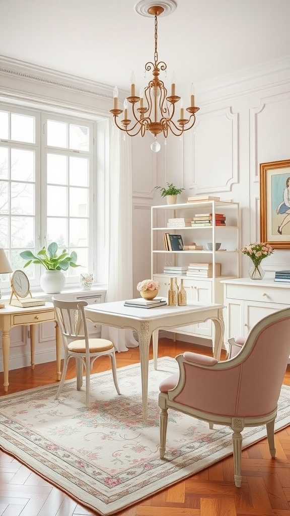 A beautifully designed French-inspired home office with a chandelier, a white desk, and decorative elements.