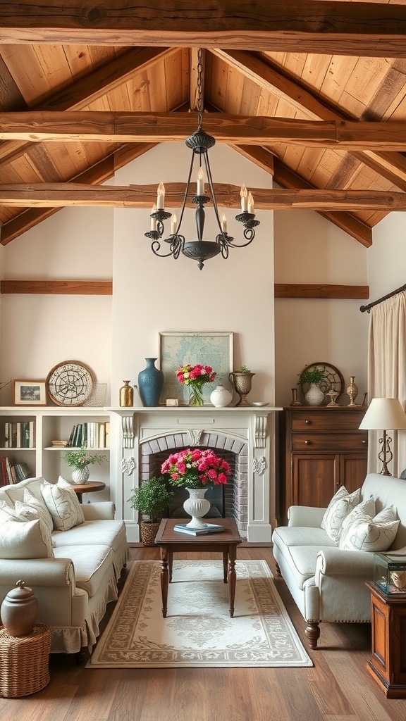 Cozy living room with wooden beams, a fireplace, and soft furniture, showcasing French country style.