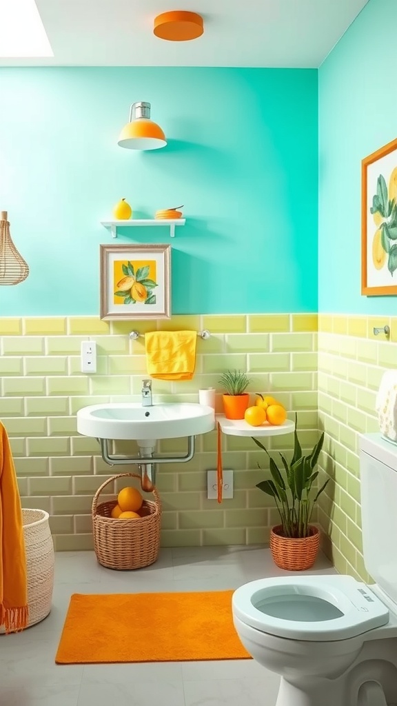 A vibrant bathroom featuring turquoise walls, yellow tiles, and orange accents with citrus decorations.