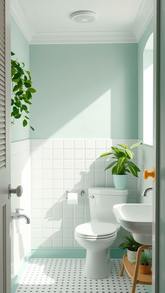 A small bathroom featuring minty green walls, white tiles, and green plants, creating a fresh and inviting atmosphere.