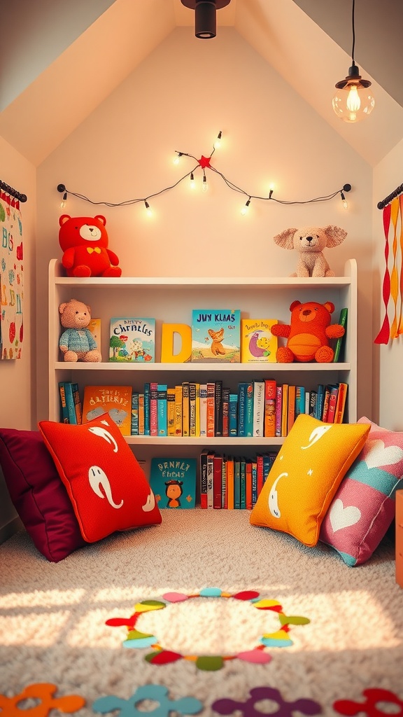 A cozy children's reading nook featuring colorful cushions, a bookshelf filled with books, plush toys, and soft lighting.