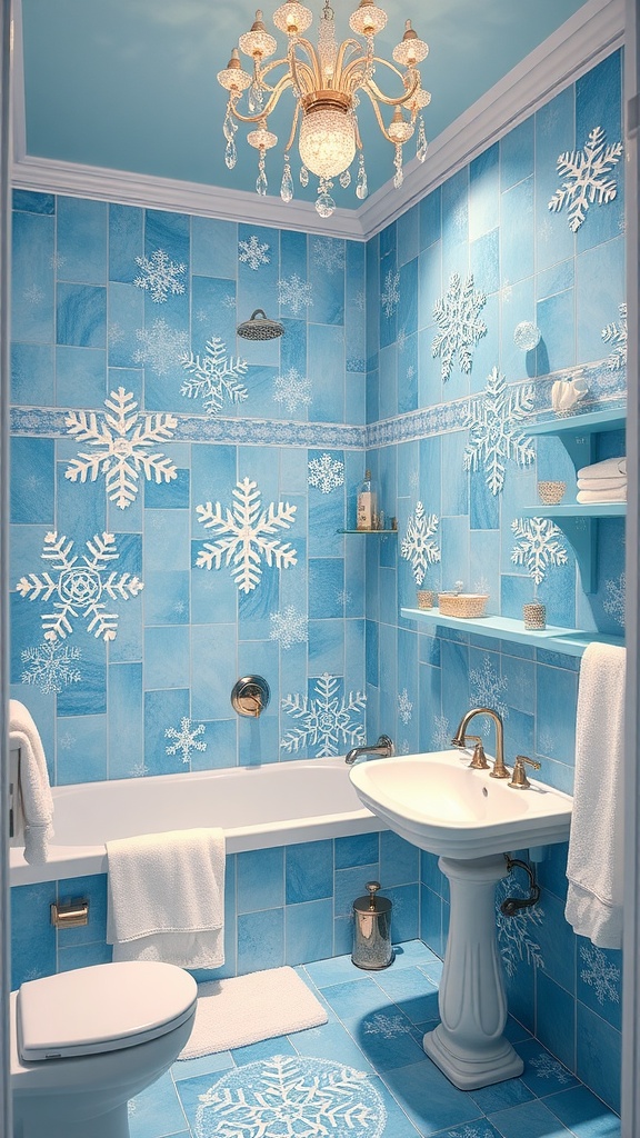 A beautifully decorated bathroom featuring blue tiles and white snowflake patterns, with a chandelier lighting the room