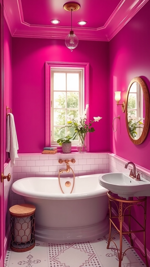 A vibrant bathroom painted in fuchsia with a white tub and gold fixtures.