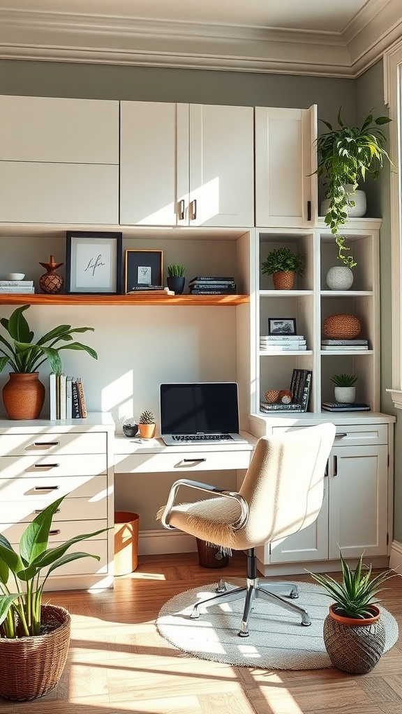 A stylish home office featuring a custom built-in desk, plants, and a cozy chair.