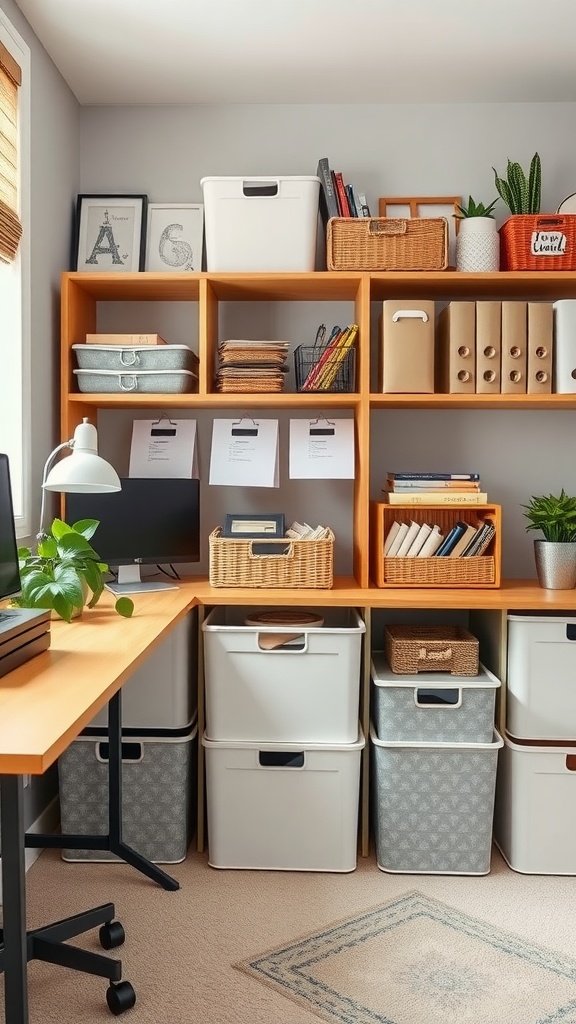 A well-organized home office with functional storage solutions including shelves, boxes, and decorative items.