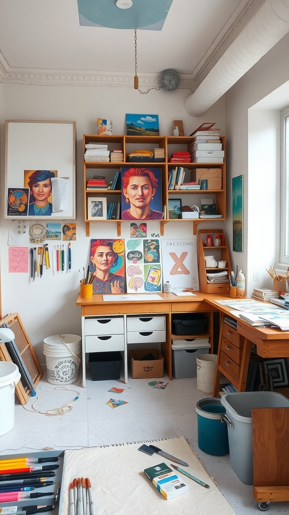 A functional art studio featuring organized shelves, vibrant artwork, and neatly arranged art supplies.