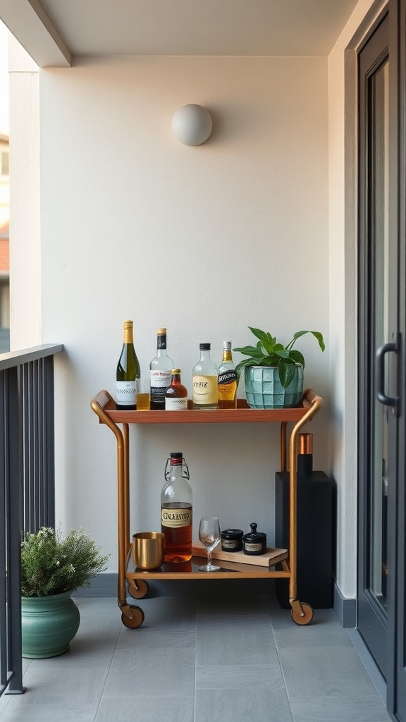 A stylish bar cart on a small balcony with drinks and a plant