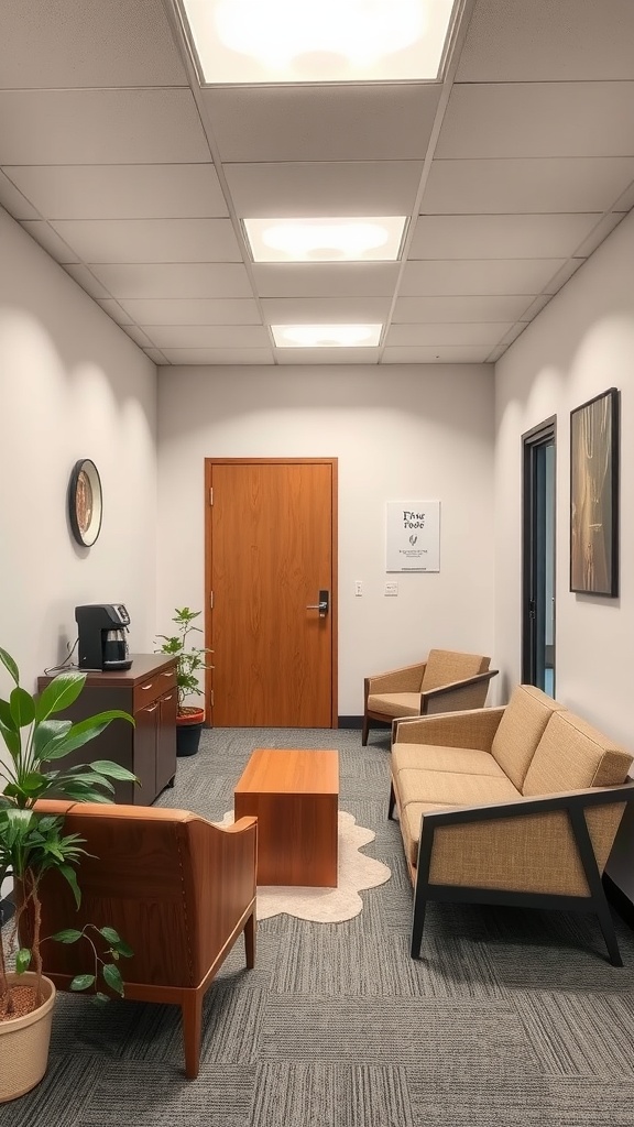 Breakout area in a small office with comfortable seating and coffee station.