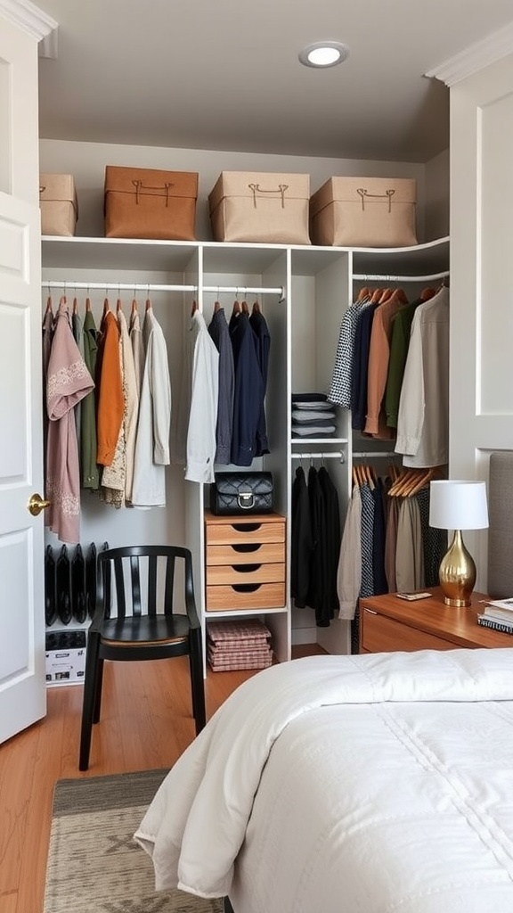 Organized men's closet with clothing, storage boxes, and a chair.