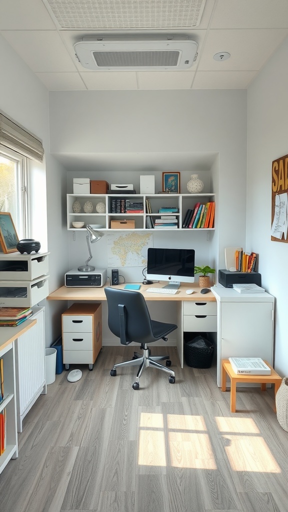 A small, organized home office with a crafting corner, featuring a desk, shelves, and a computer.