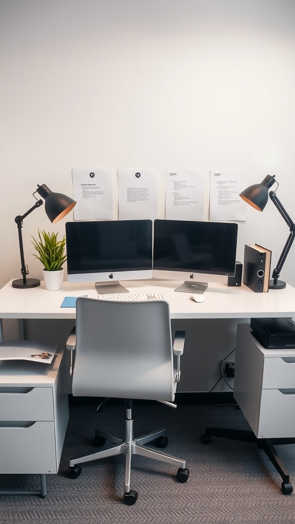 A functional desk layout featuring two monitors, a chair, and decorative elements like plants and stylish lamps.