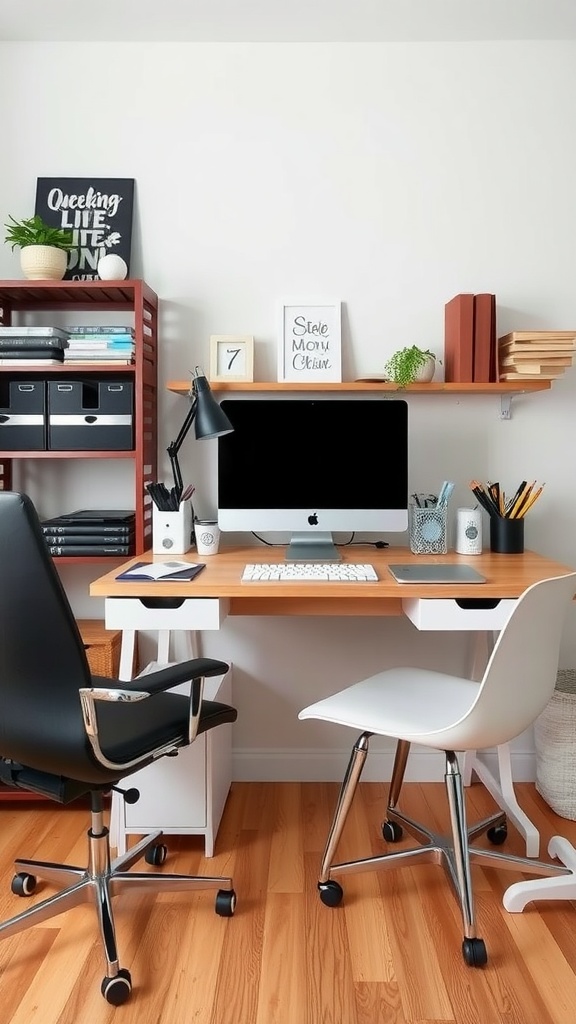 A stylish and organized small home office featuring a wooden desk with an Apple computer, two chairs, and decorative shelving.