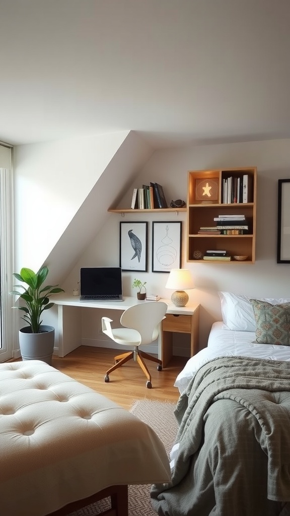 A cozy dual-purpose home office space with a desk, plant, and framed art.