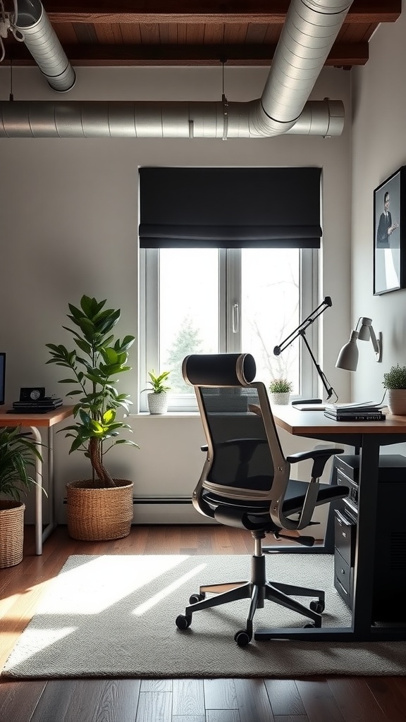 A person working at a modern home office, seated in an ergonomic chair, with plants and framed pictures in the background.