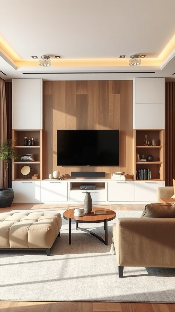 A modern family room featuring a stylish TV wall design with wooden accents, comfortable seating, and warm lighting.