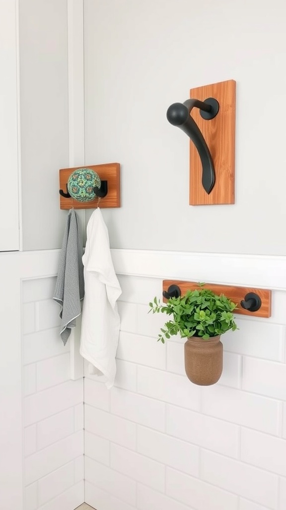 Functional farmhouse bathroom accessories including wall hooks and a potted plant