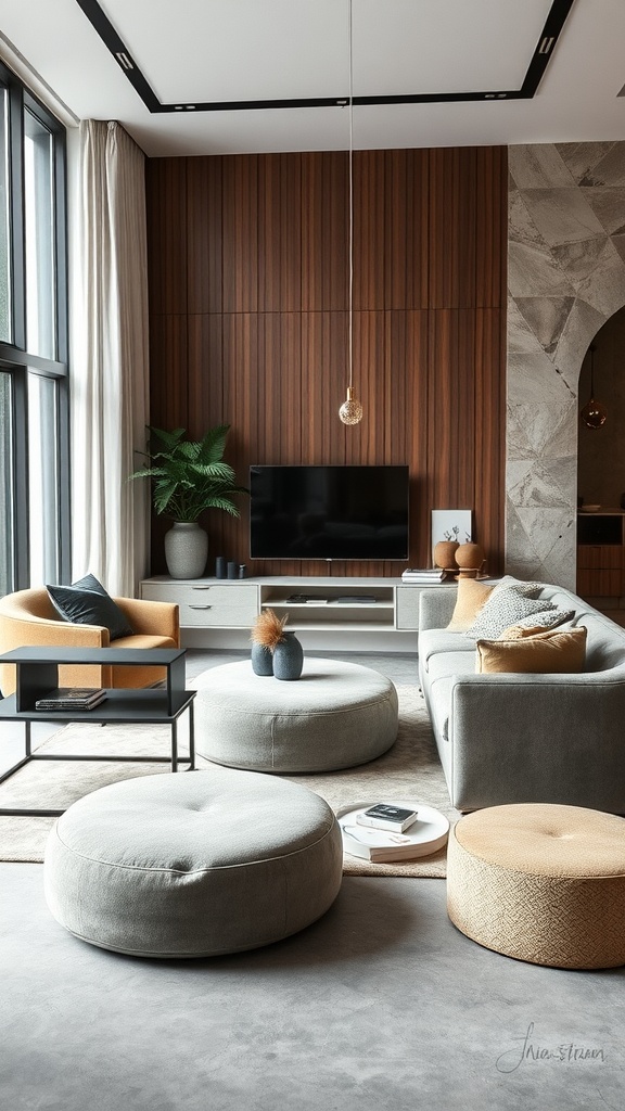 A modern living room featuring plush circular poufs, a sleek sofa, and wooden accents, showcasing a blend of comfort and artistic design.