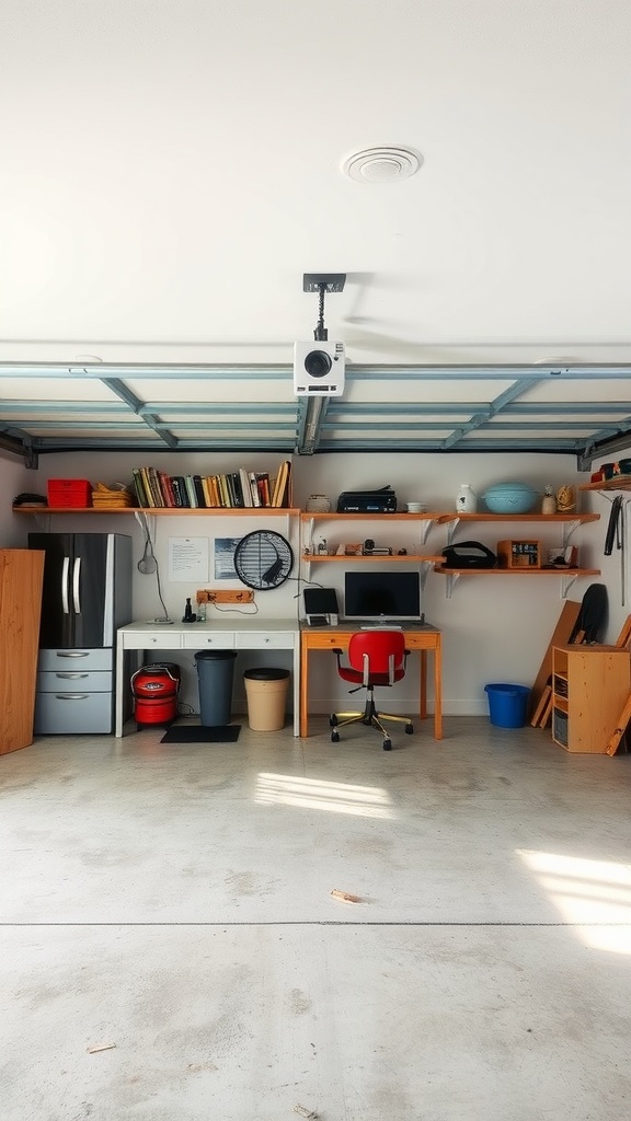 A functional garage workspace with a desk, chair, shelves, and organized storage.