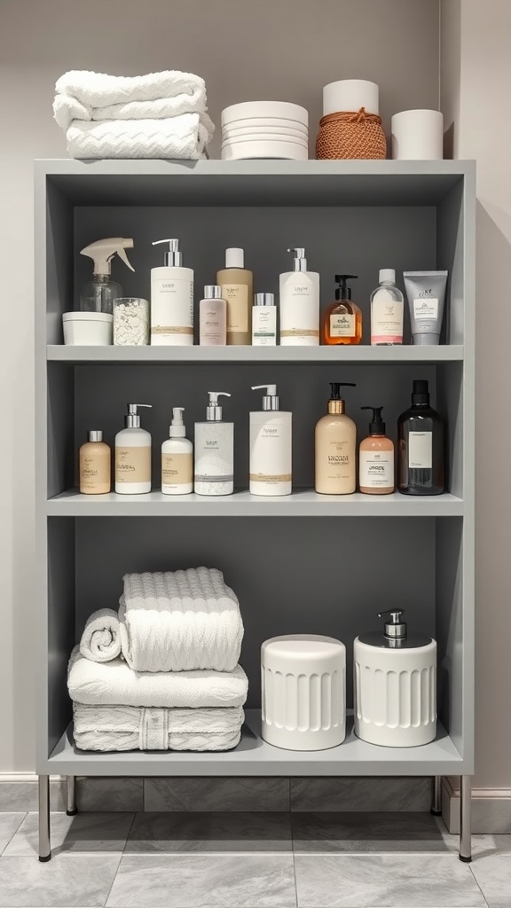 Gray bathroom shelving with neatly arranged towels and skincare products