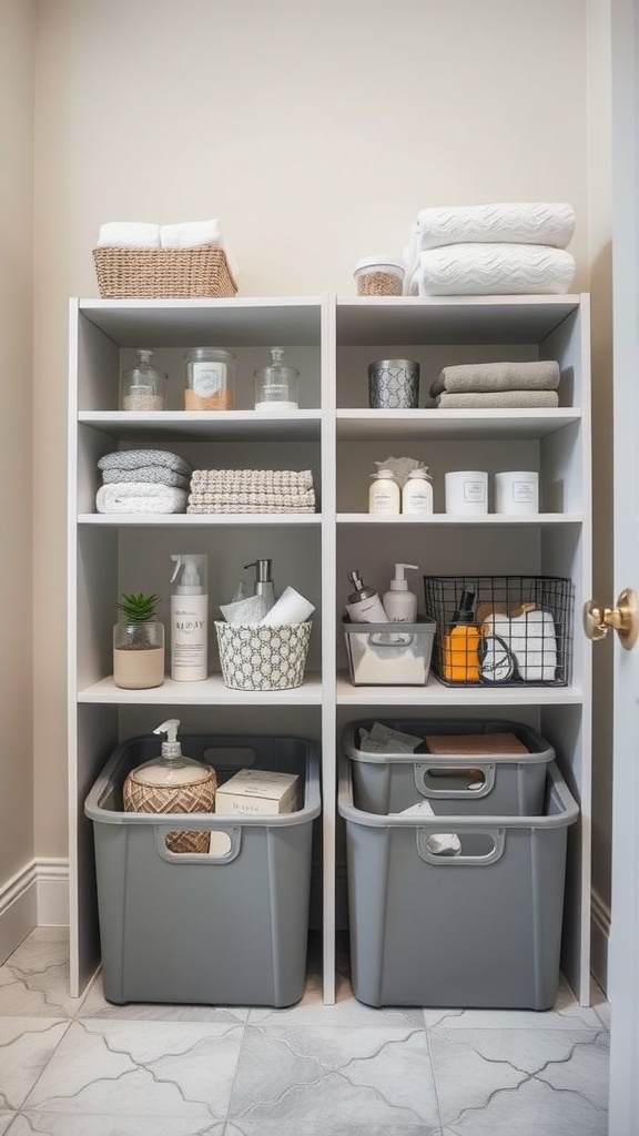 Organized bathroom storage with gray and white shelves, towels, and toiletries