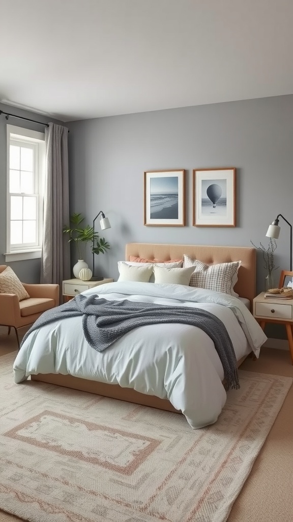 A cozy grey guest room featuring a soft bed, stylish armchair, and decorative elements.