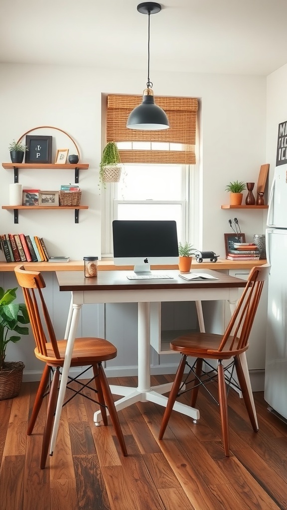 A functional kitchen table office setup with a laptop, coffee cup, and shelves.