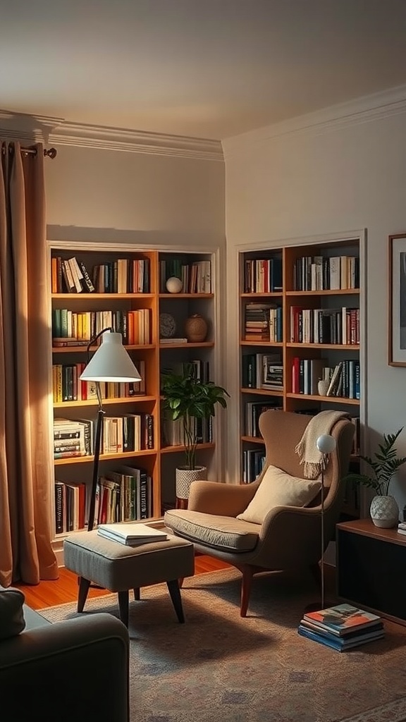 Cozy living room nook with an armchair, ottoman, bookshelf, and plants