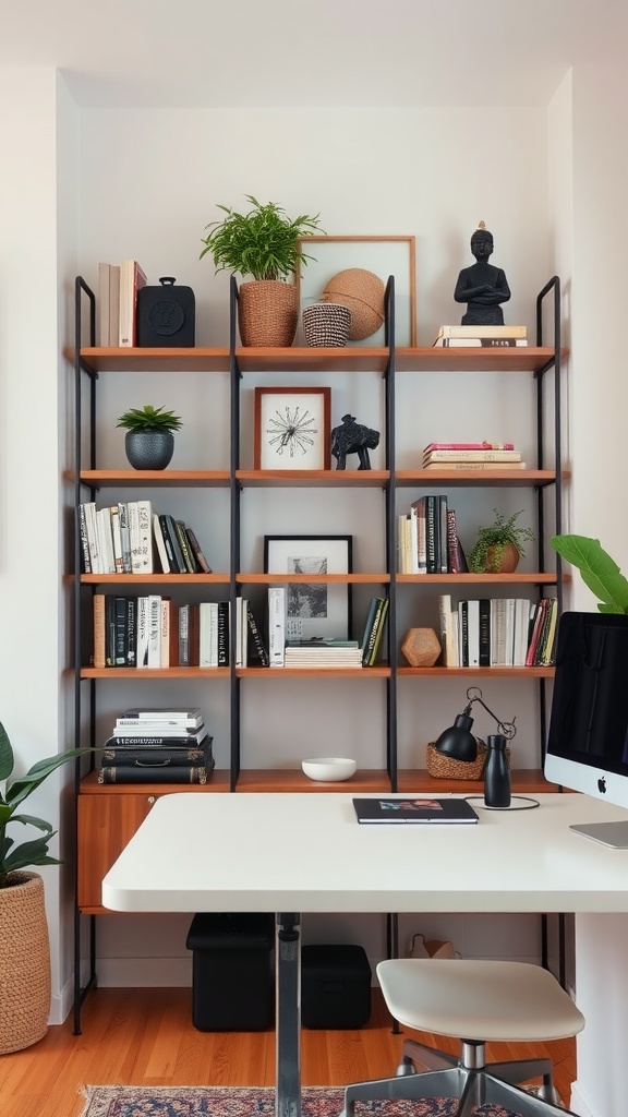 A modern shelving unit featuring books, plants, and decorative items in a home office space.