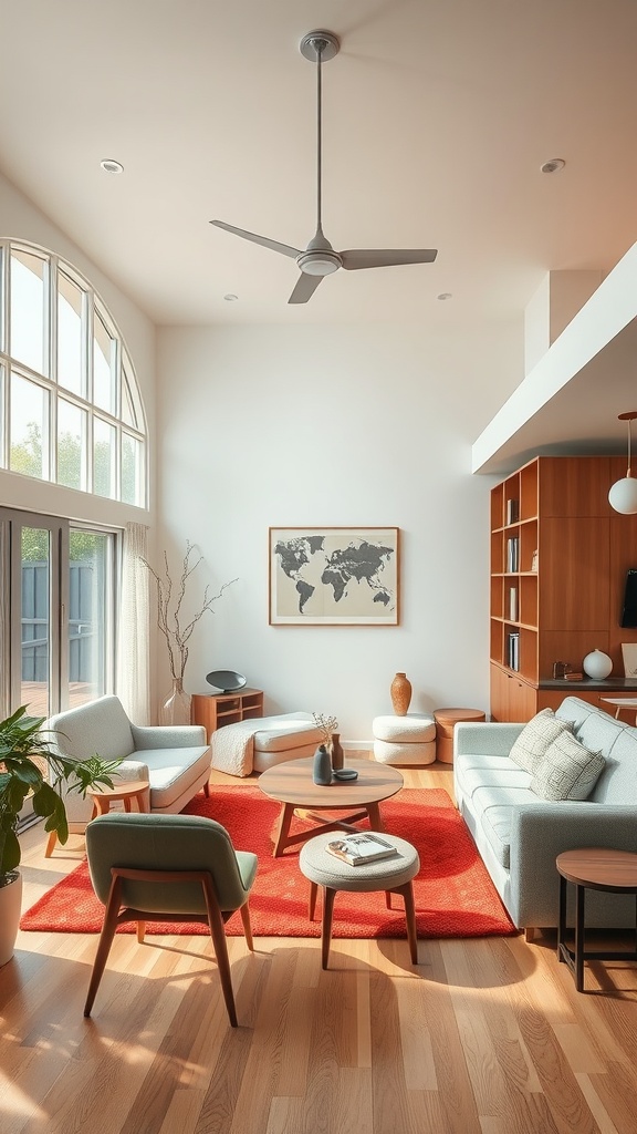 A bright and airy Mid-Century Modern living space with comfortable seating, a round coffee table, and a vibrant area rug.