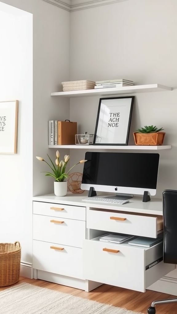 Minimalist home office setup with white furniture, wooden accents, and organized storage solutions