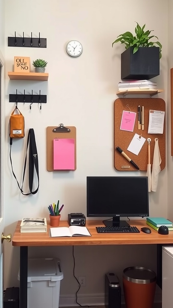 A small home office with wall-mounted accessories including hooks, shelves, and a corkboard.