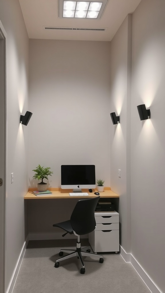 A small home office with wall-mounted lights, a desk, and a computer.