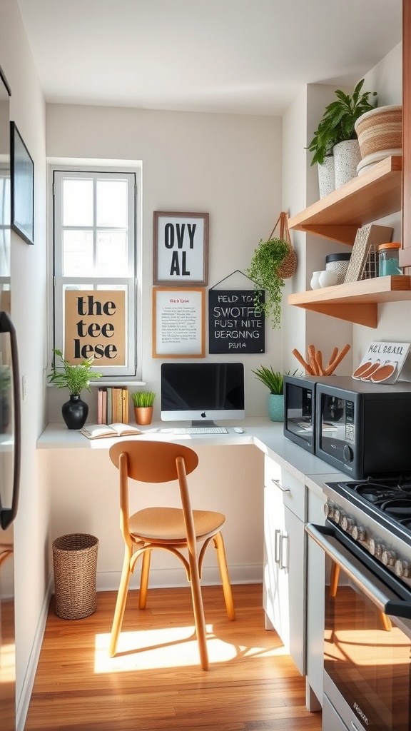 A cozy kitchen nook with a desk, chair, and computer, complemented by plants and framed art.