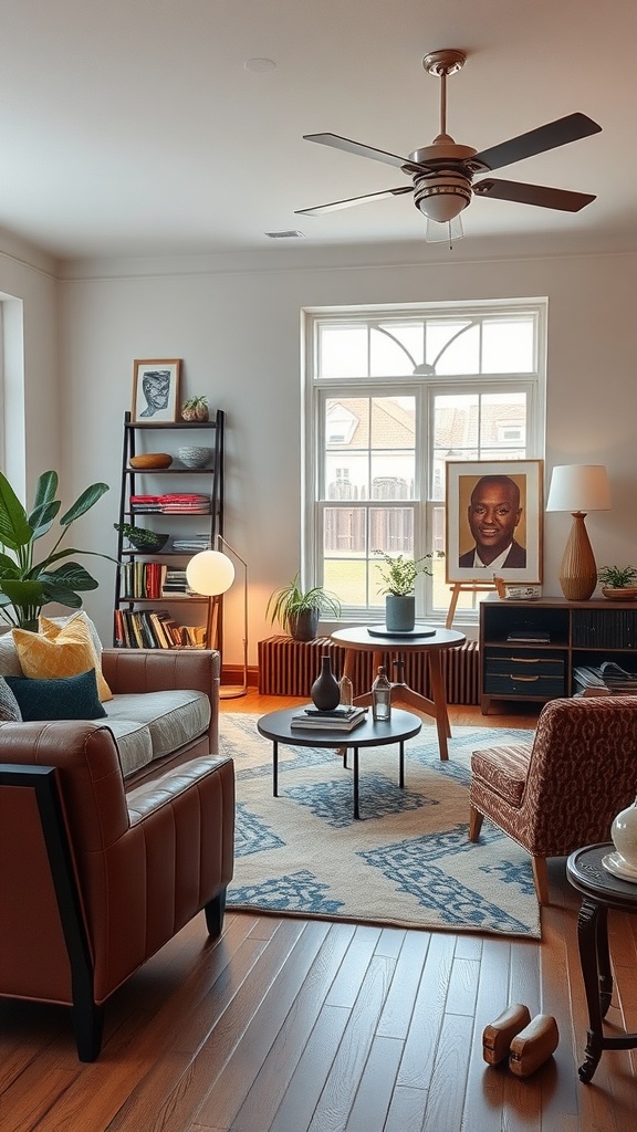 A cozy living room featuring eclectic furniture including a leather chair, patterned armchair, and a round coffee table, with plants and artwork adorning the space.