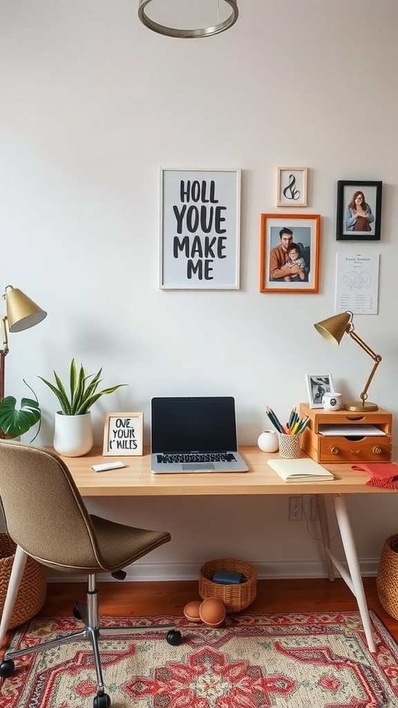 A cozy home office featuring a wooden desk, a comfortable chair, plant decor, and a gallery wall with framed pictures and quotes.