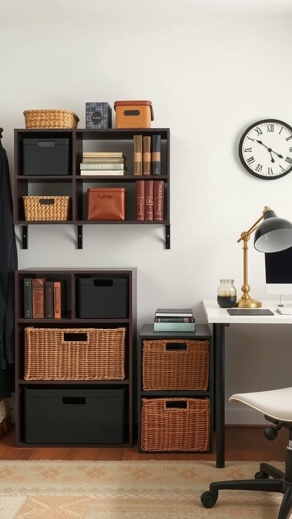 Stylish storage solutions in a masculine home office, featuring shelves and baskets.