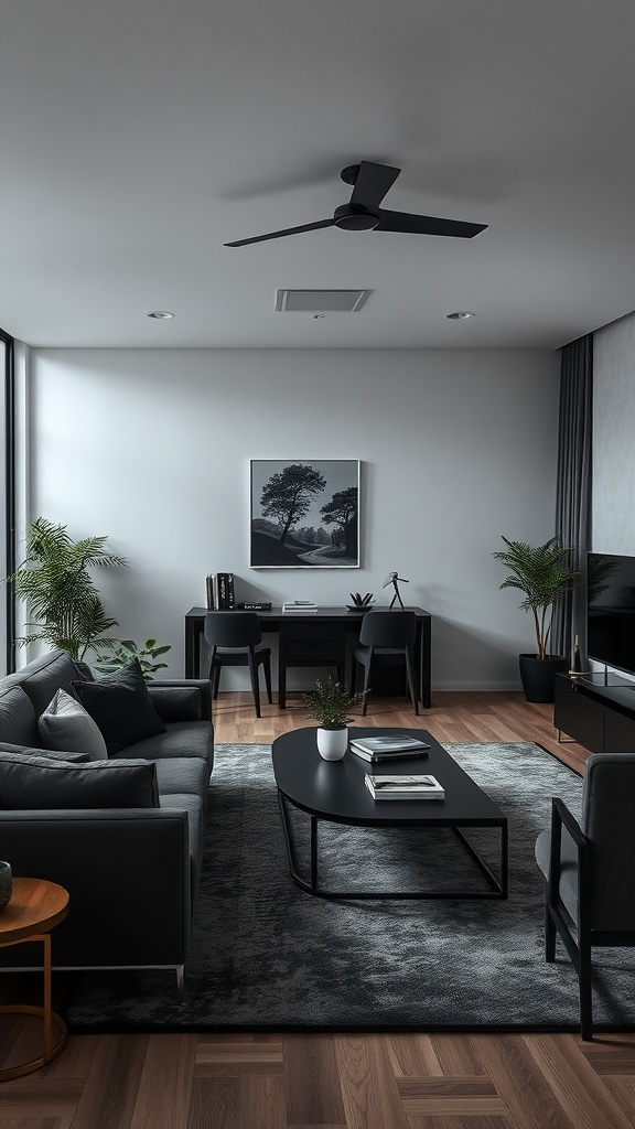 A modern living room featuring dark furnishings, a workspace, and plants, showcasing functional zones in an elegant design.