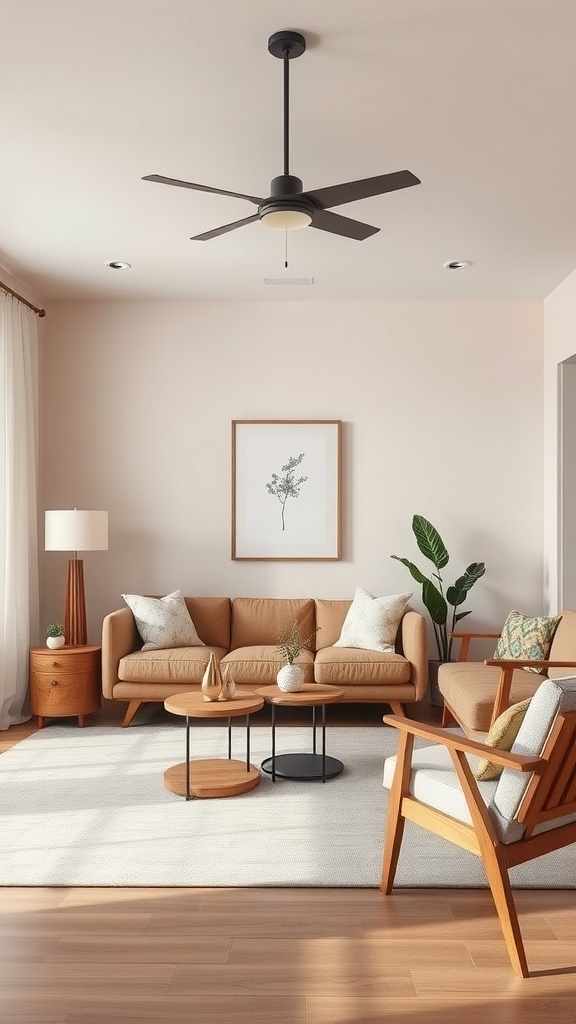 A cozy Mid-Century Modern living room featuring a brown sofa, wooden furniture, and plants, bathed in natural light.