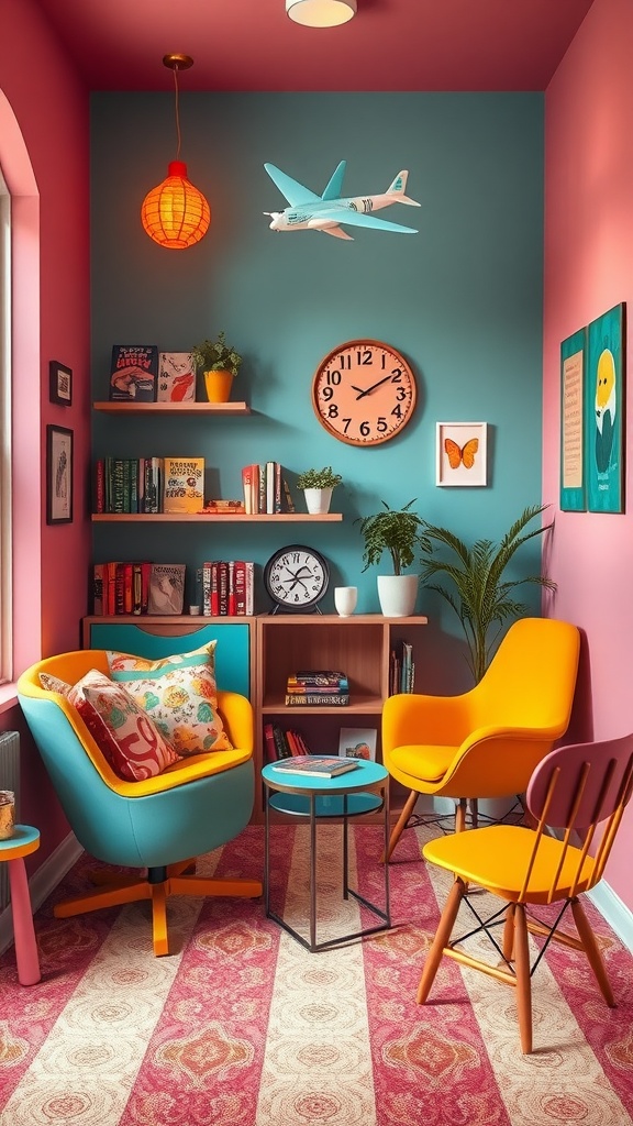 A colorful reading nook with bright teal and pink walls, funky furniture, and vibrant decor.