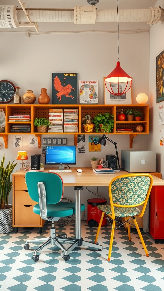 A colorful and organized creative workspace featuring retro furniture, decorative plants, and a geometric-patterned floor.