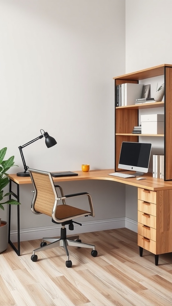 A stylish corner desk setup with a wooden desk, modern chair, desk lamp, and bookshelf, featuring plants for a cozy workspace.