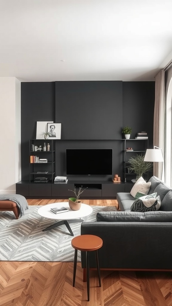 A stylish living room featuring a dark wall, gray sofa, and wooden flooring, blending Mediterranean and Gothic styles.