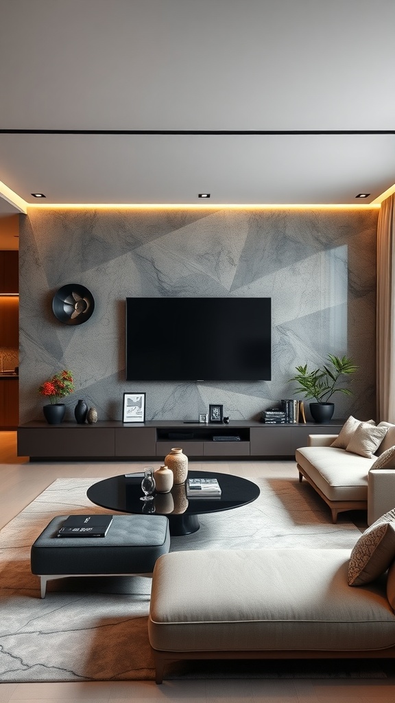 A modern living room featuring a geometric statement wall, ambient lighting, minimalist furniture, and plants, illustrating contemporary Japandi design.