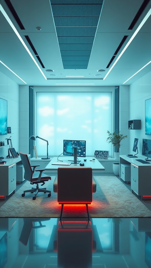 A futuristic home office featuring modern design elements, sleek furniture, and advanced technology.