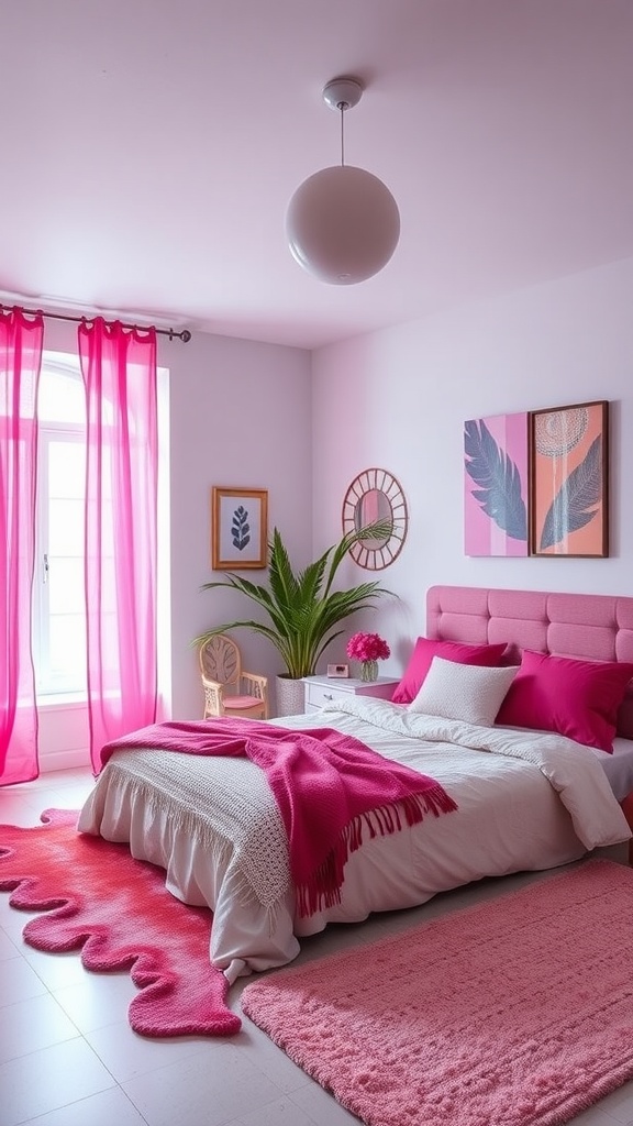 A stylish bedroom featuring pink walls, macrame wall art, and a cozy bed with decorative pillows.